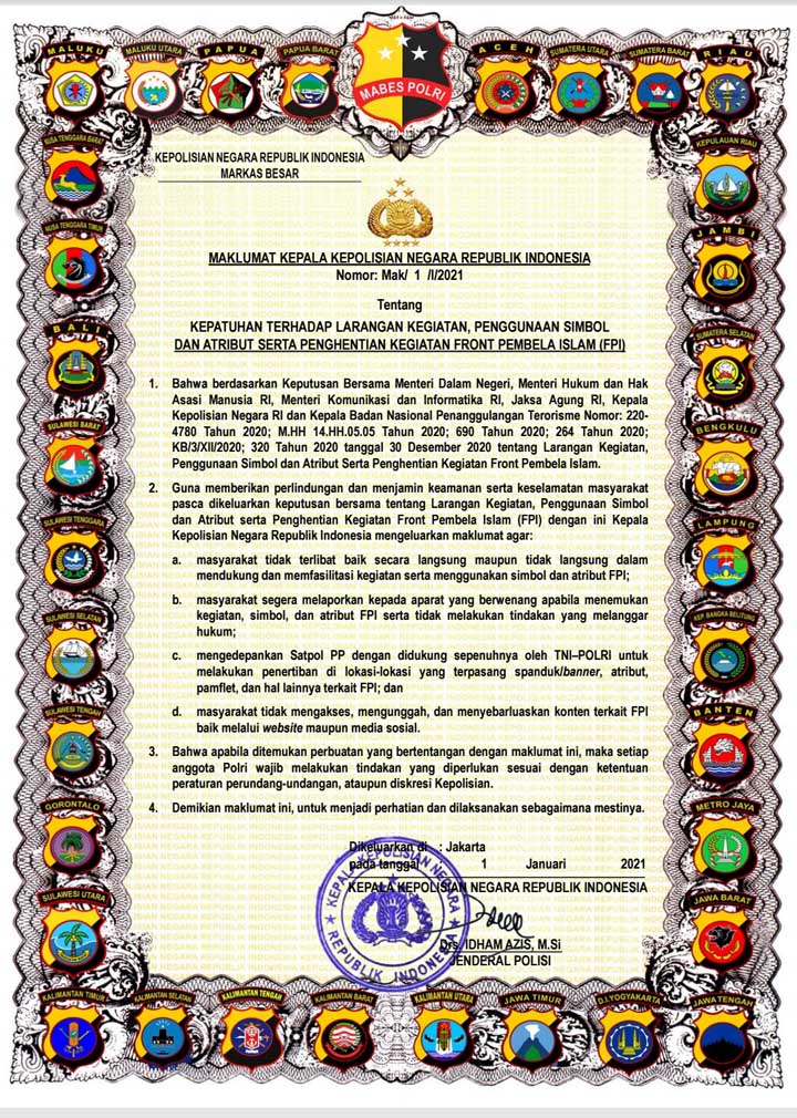 Maklumat Kapolri tentang pelarangan kegiatan FPI. Foto: Istimewa